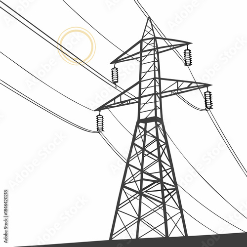 Electric power transmission tower with glowing wires on white background