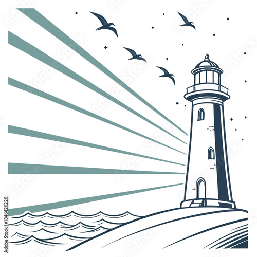 Lighthouse on a hill with seagulls flying overhead and sun rays