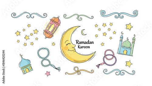 Ramadan Kareem: Decorative Islamic Elements. Colorful collection of Ramadan Kareem themed graphic elements, showcasing the spirit of the holy month with festive icons and ornaments.