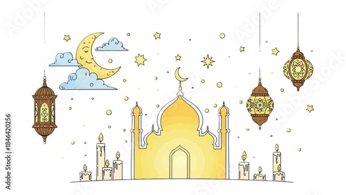 Ramadan Decoration: An illuminated mosque stands amidst crescent moons, stars, and lanterns, creating a sense of serenity. Featuring the spirit of Ramadan and the Islamic celebration.