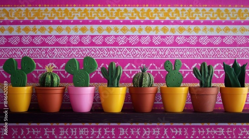 Vibrant cacti in colorful pots against intricate patterned fabric backdrop