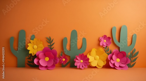 Vibrant paper cut desert flowers and cacti against warm orange backdrop