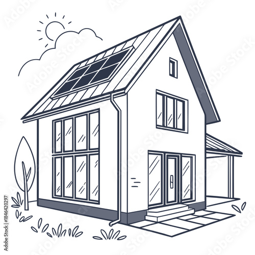 White house with solar panels on roof and leafy surroundings
