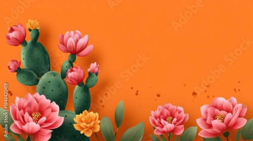 Vibrant cactus blooming with colorful desert flowers on bright orange background