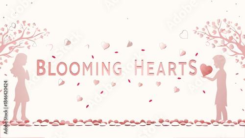 A young couple in silhouette holding a heart and blossom tree branch with hearts and petals around them on a romantic background