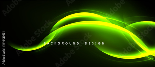 Abstract green waves over black background. Dynamic lines create modern design, suitable for digital projects. Smooth curves suggest energy, motion.