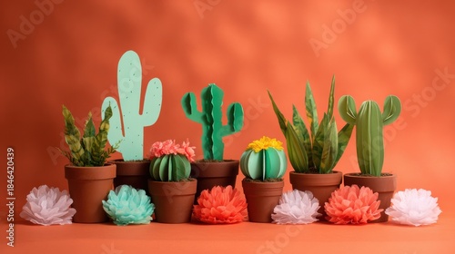 Vibrant colorful cacti and blooming flowers in stylish terracotta pots display