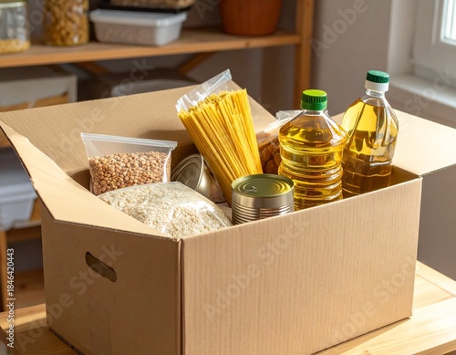 Christmas gift package of wine and champagne bottles with gold decoration on brown cardboard container