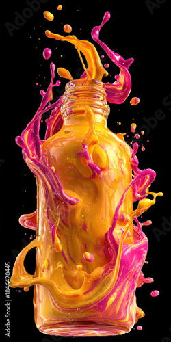 Orange and Pink Liquid Splashing from Glass Bottle