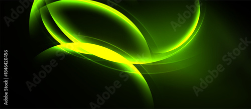 Abstract design features flowing green lines, bright yellow center. Dark background creates dramatic visual contrast, modern aesthetic.