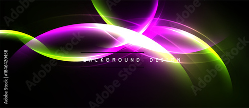 Vibrant abstract waves, neon colors blend. Smooth curves create dynamic background design. Dark space emphasizes bright illumination.