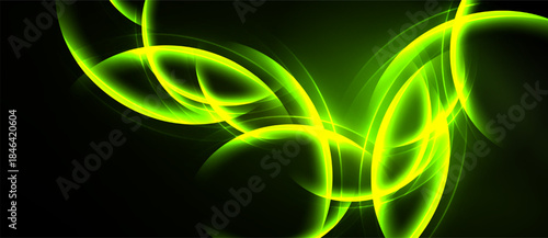 Bright green swirls, loops, lines create abstract energy flow. Dark background emphasizes luminous shapes, dynamic composition.