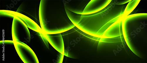Abstract design features luminous green curves against dark background. Dynamic composition evokes energy, movement, modern aesthetic.