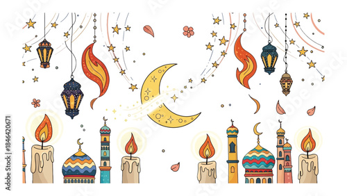 Mystical Festival of Lights: A captivating illustration that showcases an array of ornate lanterns, candles, and celestial elements, representing a celebratory and spiritual occasion. 