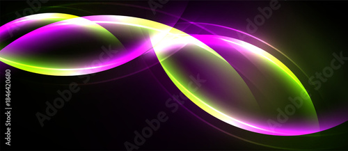 Abstract glowing shapes overlap, creating dynamic light effects. Purple, green hues dominate dark background. Smooth curves suggest movement.