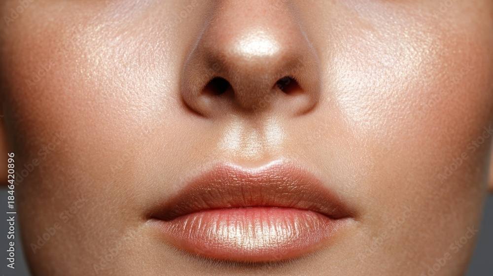 Fototapeta premium Close-up of female face with luminous skin detailed lips and nose studio setting beauty photography portrait focus