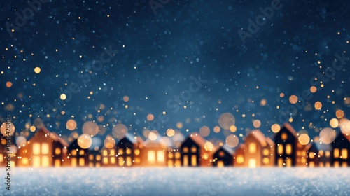 Enchanting blurred glowing christmas village lights at night with snowfall winter wonderland aesthetic photography