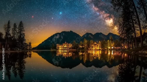 Night sky over mountain lake reflecting milky way galaxy