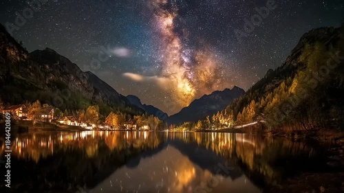 Night landscape with mountains and lake reflecting the starry sky