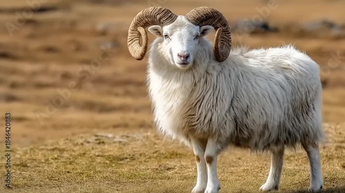 Ram with large horns standing in an open field