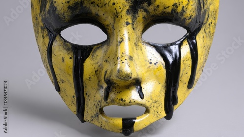 Vibrant yellow and black traditional crying demonic face mask with dark tears