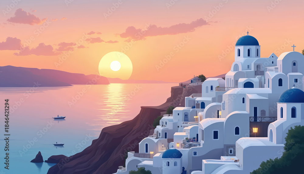 Obraz premium White buildings with blue domes perch on a cliff overlooking the Aegean Sea at sunset. Small boats drift on the calm water reflecting warm sky colors. Island village architecture glows in twilight.