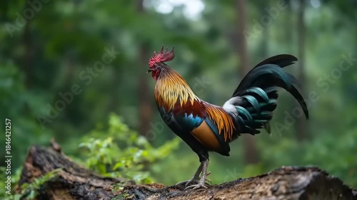 Rooster displaying feathers on a log in a natural environment during daytime