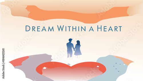 A loving couple stands hand in hand inside a beautiful floating heart with red and orange hues