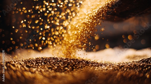 Golden grains cascading beautifully in warm bokeh light display