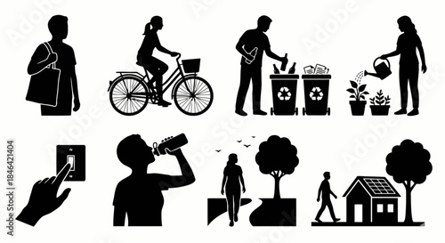 Sustainable Living Practices Everyday Eco-Friendly Habits Green Lifestyle Icons Set