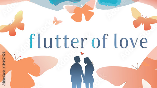 Silhouettes of couple surrounded by heart and butterflies in soft colors