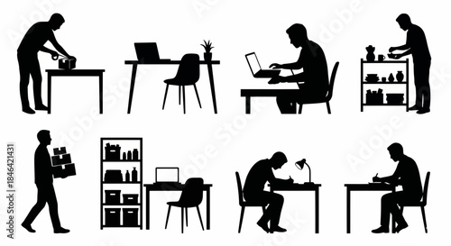 Work at Home Office Working Productivity Packing Shipping Desk Setup Home Storage Organization Icons