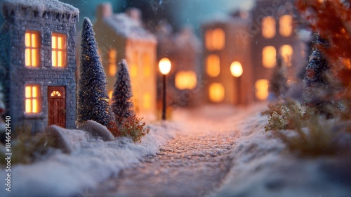 Fototapeta Naklejka Na Ścianę i Meble -  Snowy street scene with houses and streetlights during winter evening