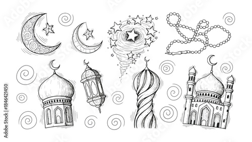 Islamic Iconography: A collection of meticulously crafted, hand-drawn illustrations that depict the sacred symbols and structures of Islam, rendered in an elegant, monochromatic style.