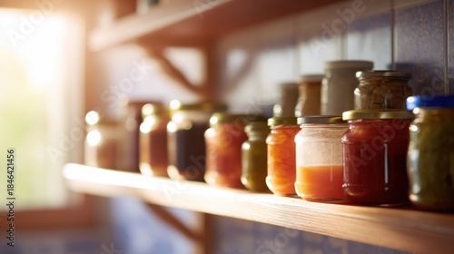 Colorful homemade jars of preserves neatly lined on rustic wooden shelf