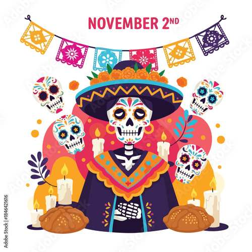 Festive Day of the Dead illustration with skeleton, sugar skulls, candles, and traditional bread