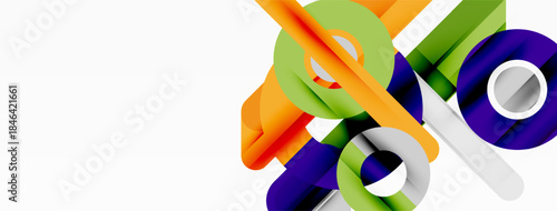 Abstract shapes overlap, creating dynamic composition. Bright colors dominate white background. Modern design elements present sleek aesthetic.