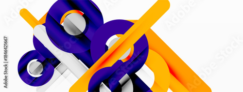 Abstract composition featuring purple, orange, silver shapes. Minimalist design with intersecting cylinders, lines, spheres. Modern aesthetic.