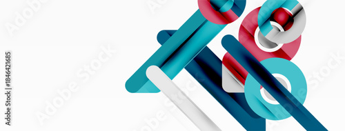 Abstract geometric shapes intersect. Blue, red, white colors create modern design. Minimalist composition, clean lines present visual interest.