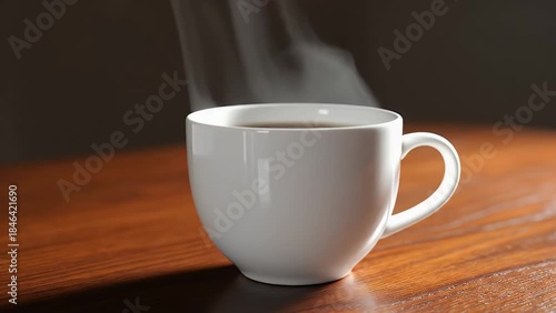 Wallpaper Mural A white ceramic mug with hot steaming coffee on a wooden table Torontodigital.ca