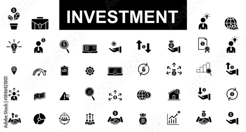 Finance icon set. With Concepts like Profit, Losses, Stock, Tax, Exchange, Budget, Funds, Earnings, Money and Revenue icons. Glyph Icons Collection