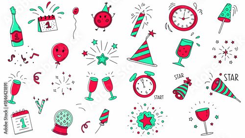 New Year celebration icons with festive symbols and decorations