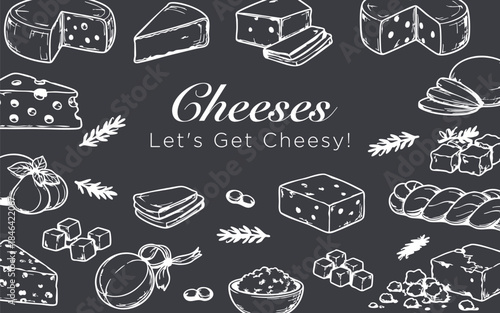 Hand-drawn Cheese Assortment Sketch on Dark Background