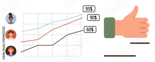 Line graph tracking performance data for team members with associated percentages and thumbs-up approval sign. Ideal for teamwork, performance evaluation, growth, success, productivity, motivation