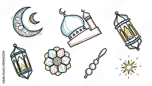 Ramadan Icon set: A set of Ramadan icons, mosque, lantern, star, crescent, flower, rosary illustrating various aspects of Ramadan.