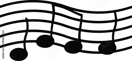 Abstract musical notes on flowing staff lines vector illustration in black and white.
