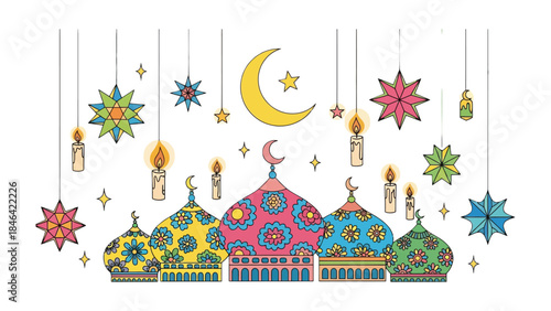 Celestial Embellishments:  A vibrant illustration showcases ornate mosque domes adorned with stars, crescent moons, and glowing candles, evoking the spirit of cultural celebration.