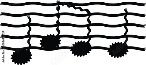Abstract hand-drawn musical notes on wavy staff lines vector illustration in black and white.