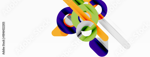 Abstract shapes intersect, creating dynamic composition. Bright colors, smooth surfaces, minimalist design. Modern aesthetic.