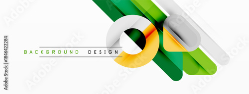 Modern abstract design. Overlapping lines, shapes create dynamic composition. Green, yellow hues dominate white space. Simple, clean aesthetic.